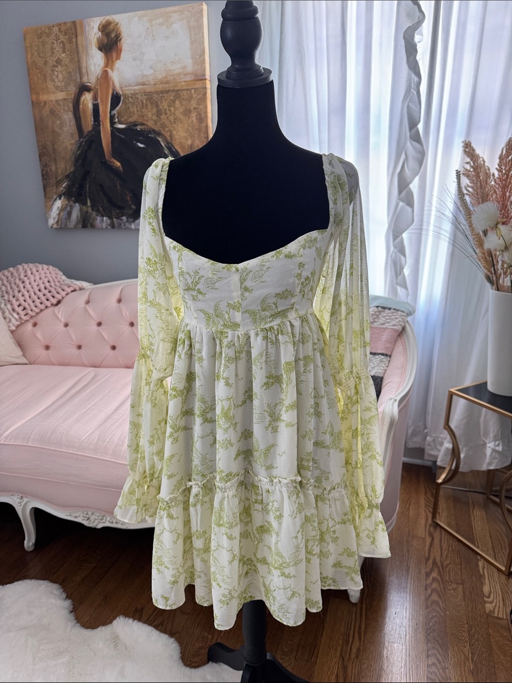 Urban Outfitters Lannette White and Light Green Floral Babydoll Dress
